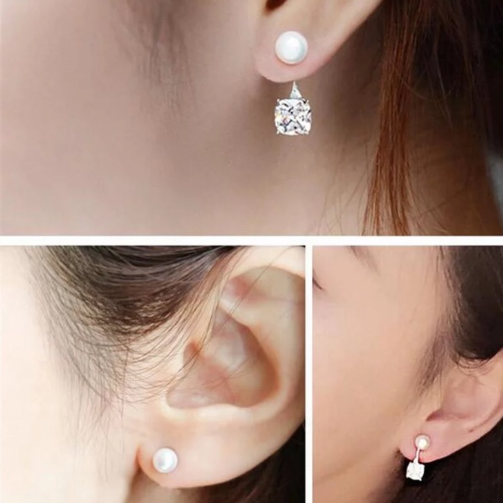 Sterling Silver Diamond Pearl Stud Earrings - Picture 3 of 4